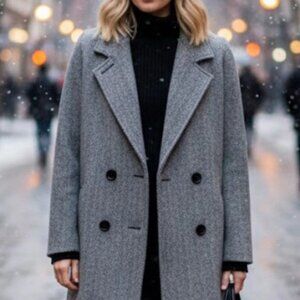 Vintage Herman Kay Wool Herringbone Coat Sz 16P Black White Double Breasted